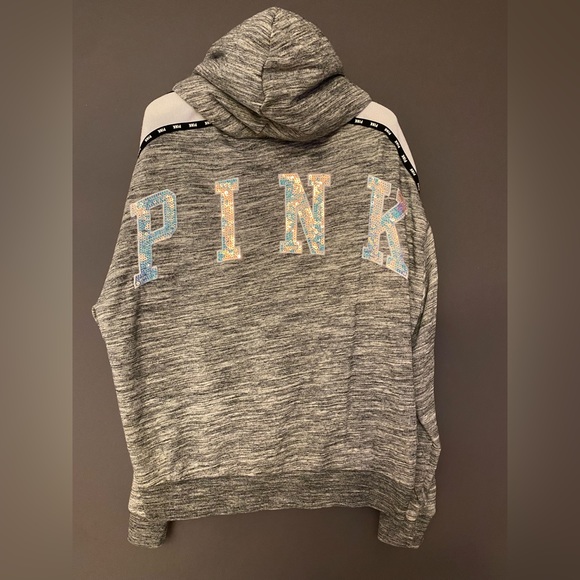 ❌SOLD❌VS PINK FAUX FUR FULL ZIP HOODIE SWEATSHIRT MARL GRAY MERMAID HOLO BLING L - Picture 5 of 9